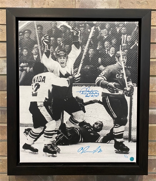 Paul Henderson & Vladislav Tretiak Signed 1972 Summit Series Goal Canvas 24x28 Frame