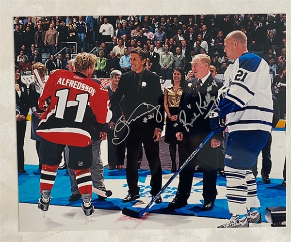 Borje Salming & "Red" Kelly Dual Signed Ceremonial Face-Off 8x10 Photo