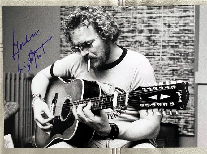 Gordon Lightfoot Signed Black+White Vintage Photo Playing the Acoustic Guitar