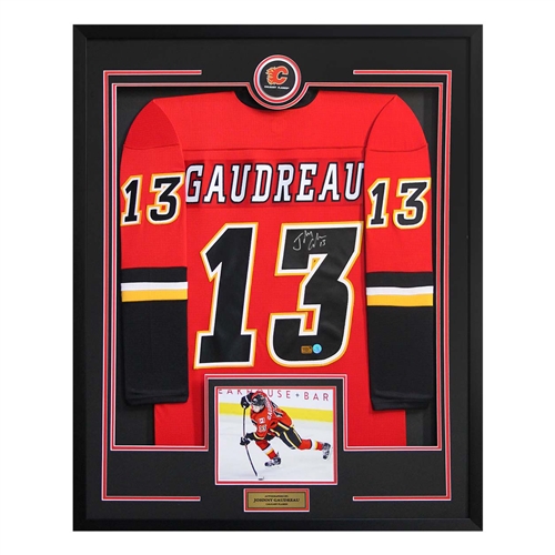 Johnny Gaudreau Calgary Flames Signed 36x44 Custom Framed Jersey Display