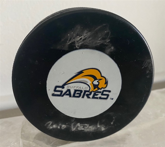 Ryan Miller Signed Buffalo Sabres Puck with 2010 Vezina Note (Flawed)