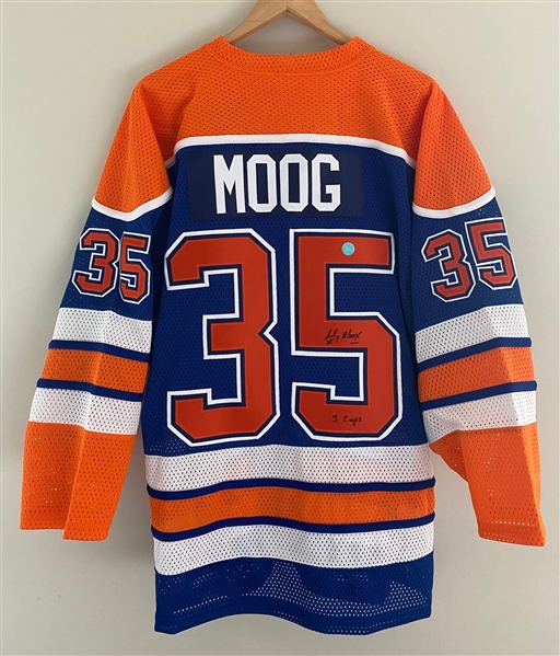 Andy Moog Edmonton Oilers Signed Retro Cooper Jersey with 3 Cups Note