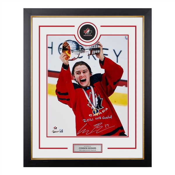 Connor Bedard Signed Team Canada U18 Puck Slice 26x32 Frame with Gold Note