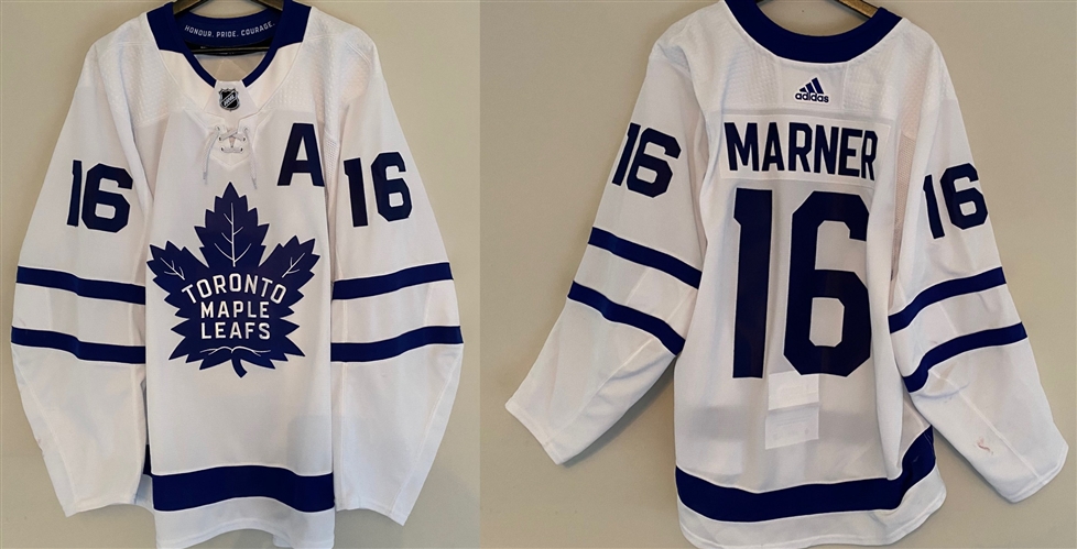 Mitch Marner Game Worn Maple Leafs White Road Jersey with "A" Worn in 2020-21 NHL Season