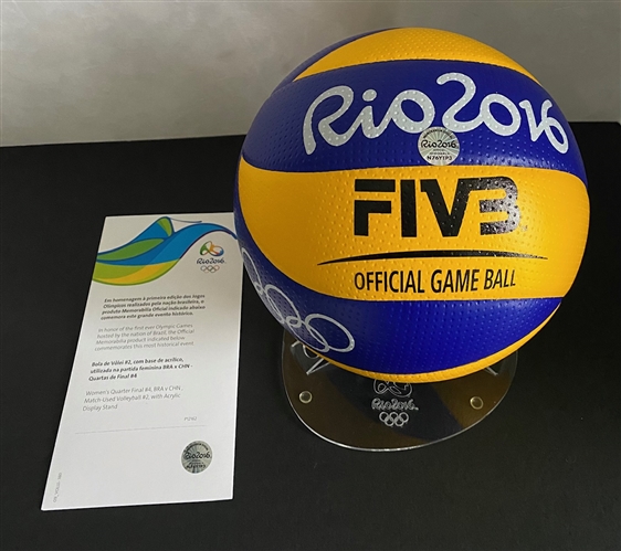 Rio 2016 Summer Olympics Match-Used Volleyball with Rio Hologram & COA + Display Stand