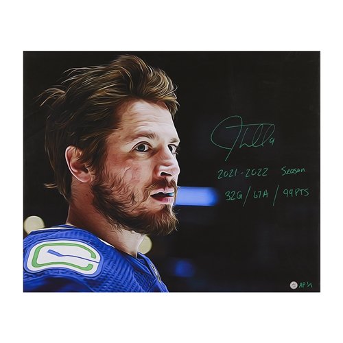 JT Miller Vancouver Canucks Signed 26x32 Art Canvas with Stats Note #AP 1/1
