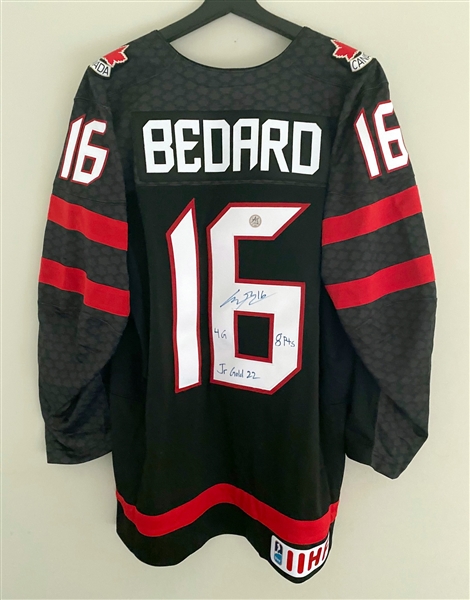 Connor Bedard Signed Team Canada Black Nike Jersey with 3 Jr Gold Notes