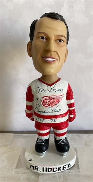 Gordie Howe Detroit Red Wings Signed Bobblehead with HOF + Mr Hockey Note (Flawed)