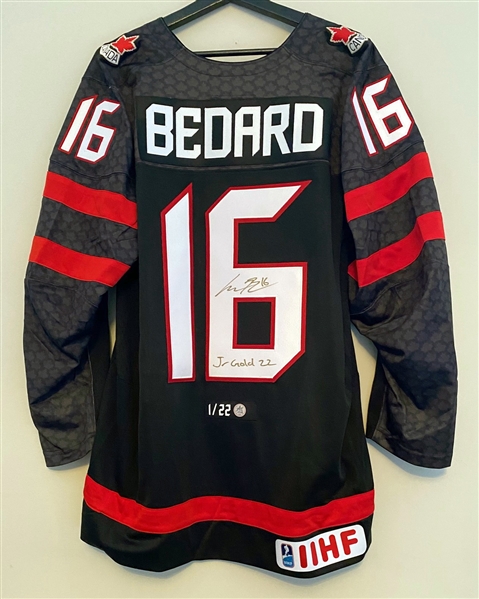 Connor Bedard Signed Team Canada Black Nike Jersey with Jr Gold 22 Note #1/22