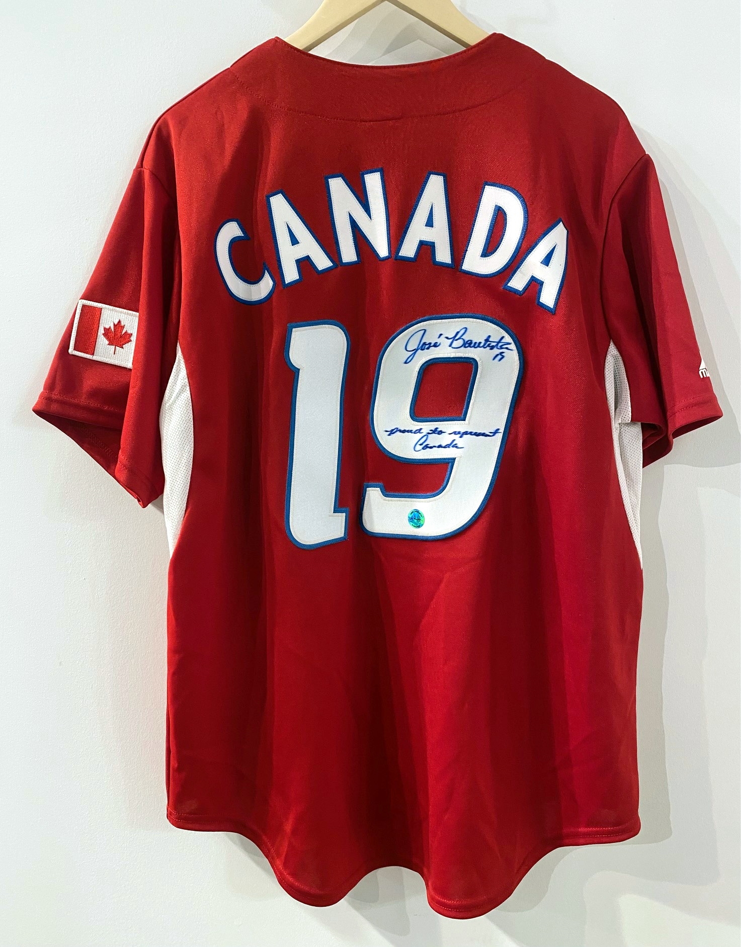Jose Bautista Toronto Blue Jays Signed 2011 Canada Day Majestic Jersey with proud to represent Canada Note