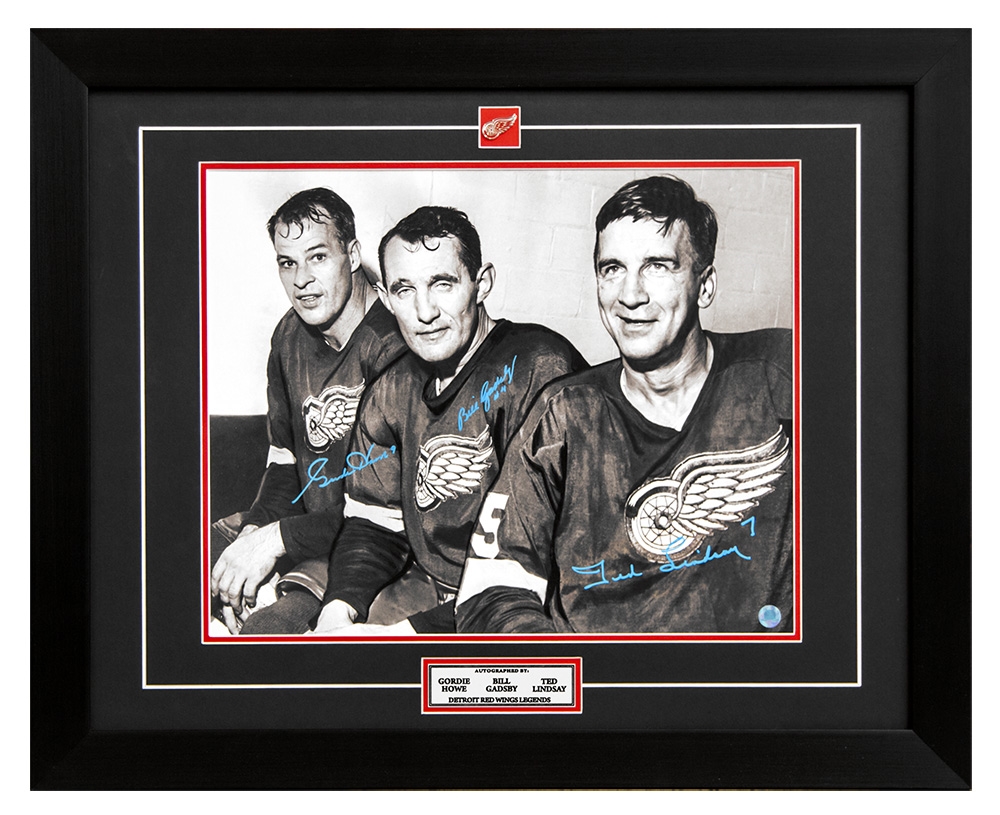 Gordie Howe, Bill Gadsby & Ted Lindsay Signed Red Wings Legends 26x32 Frame