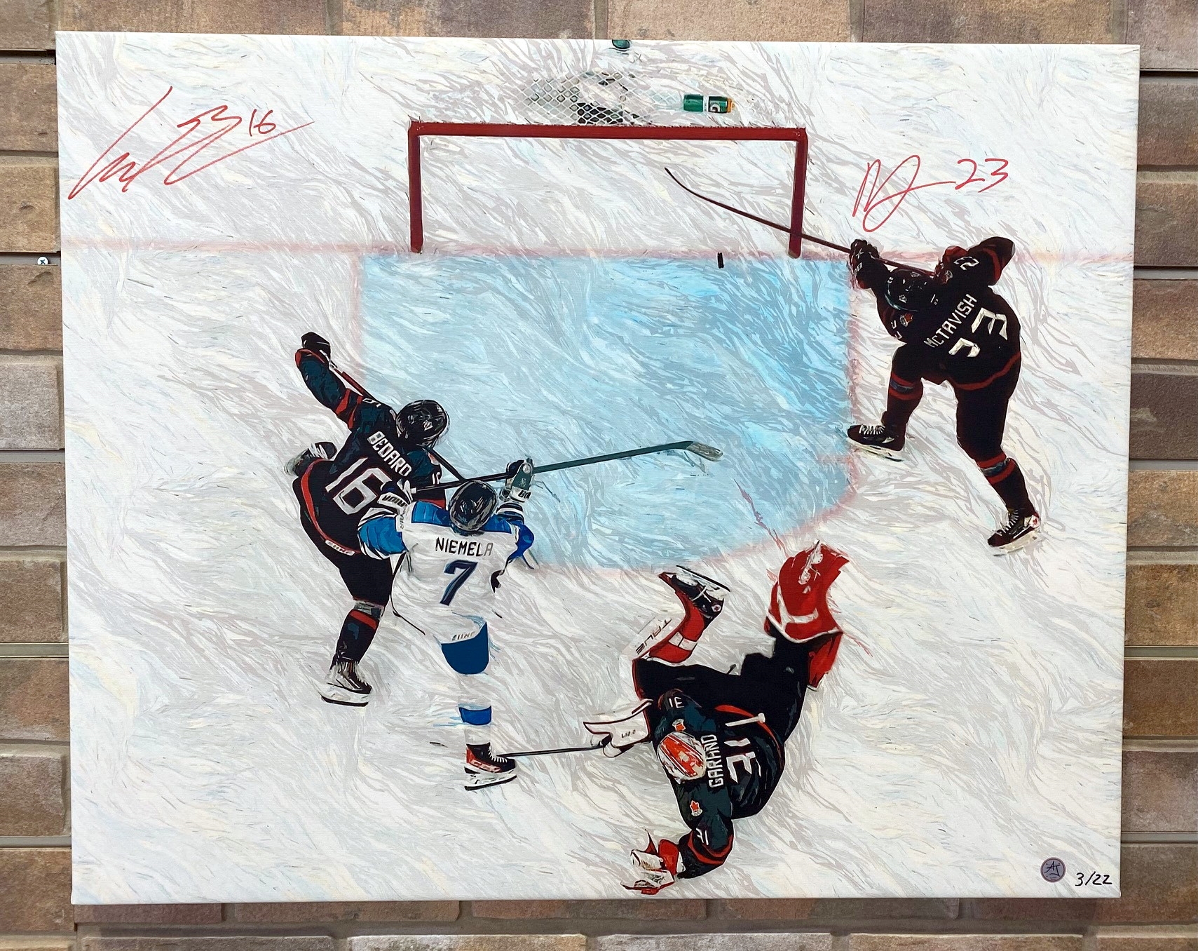 Connor Bedard & Mason McTavish Signed Team Canada 2022 World Juniors OT Goal-Line Save 26x32 Art Canvas #3/22