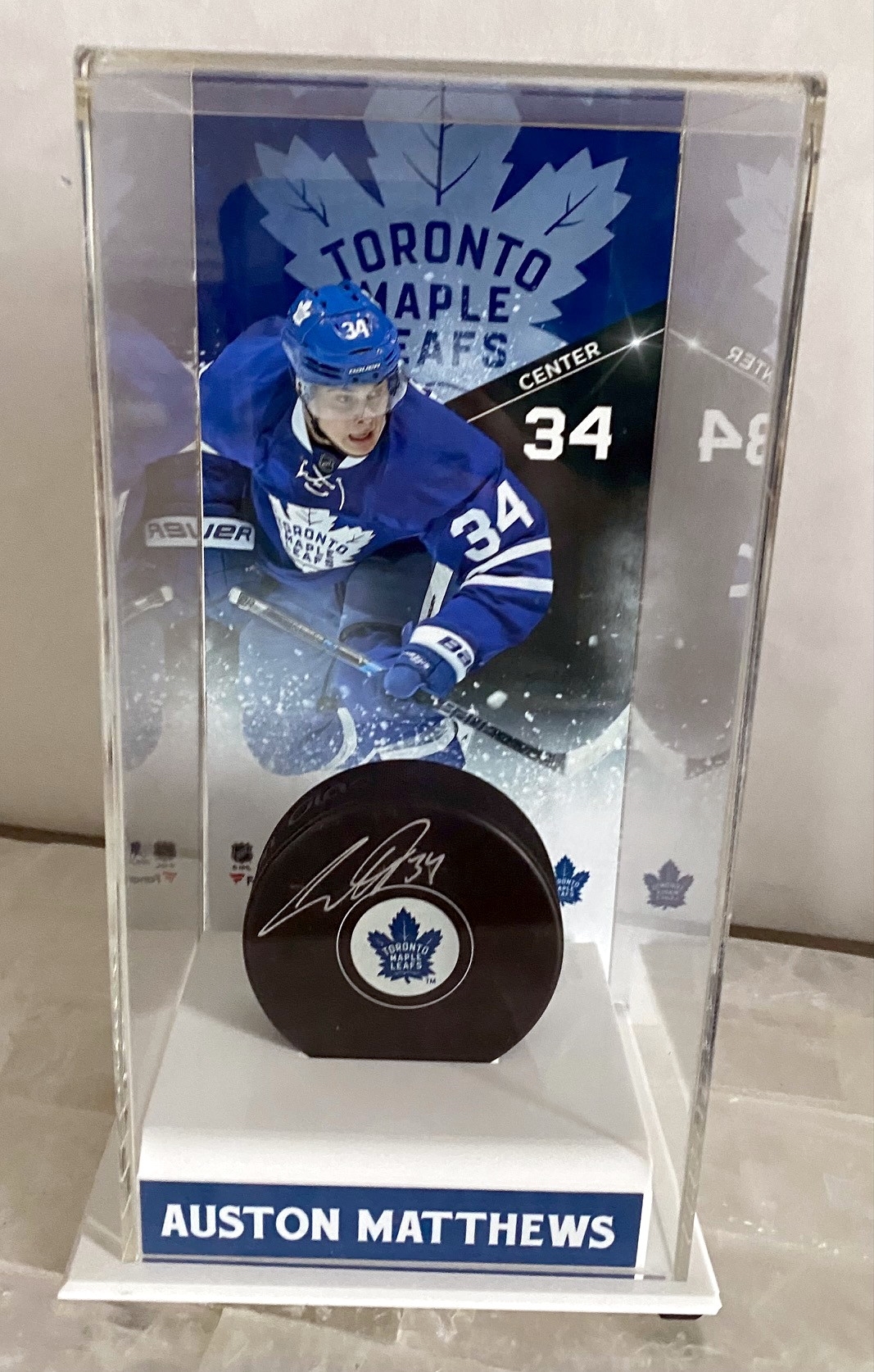 Auston Matthews Toronto Maple Leafs Signed Puck with Fanatics Deluxe Tall Puck Case