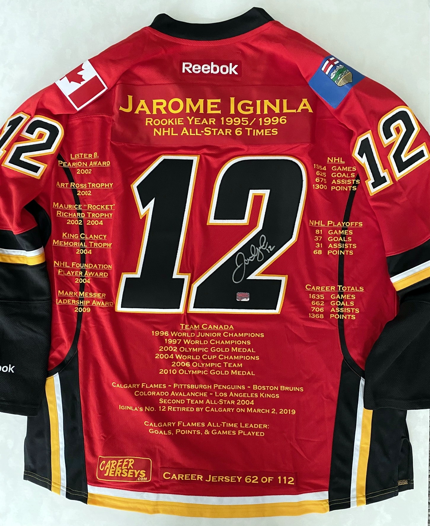 Jarome Iginla Calgary Flames Signed Career Stats Hockey Jersey #62/112