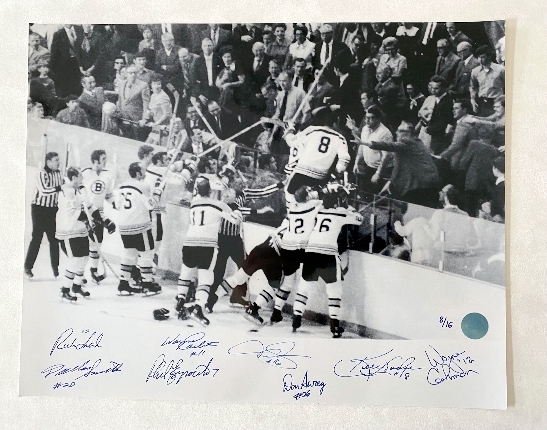 Sanderson, Espo, Hodge, Cashman, Awrey 8 Signature 1970 Bruins vs Blues Fan Fight Signed 11x14 Photo #8/16