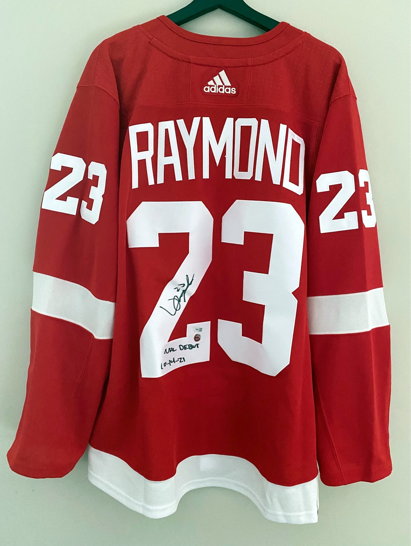 Lucas Raymond Detroit Red Wings Signed Adidas Jersey with NHL Debut 10-41-21 Note - Fanatics
