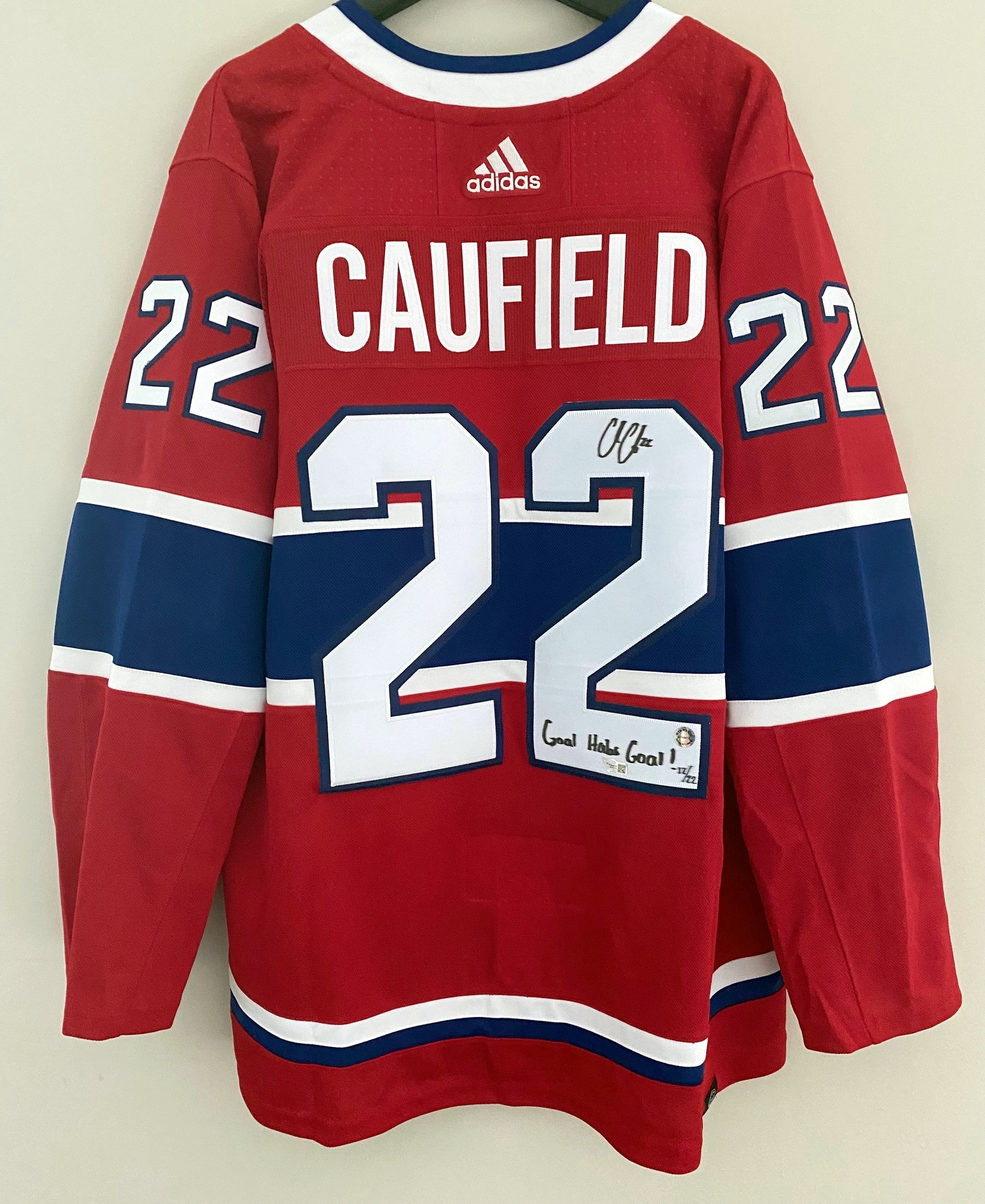 Cole Caufield Montreal Canadiens Signed Adidas Jersey with Goal Habs Goal! Note #12/22 - Fanatics