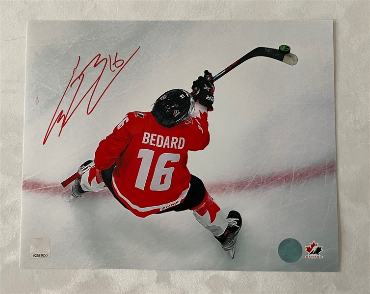 Connor Bedard Team Canada Signed World Juniors Overhead 8x10 Photo (Flawed)