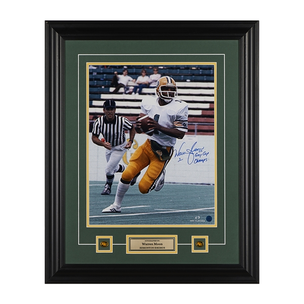 Warren Moon Edmonton Eskimos Signed 25x31 Display Frame with Grey Cup Note (Flawed)