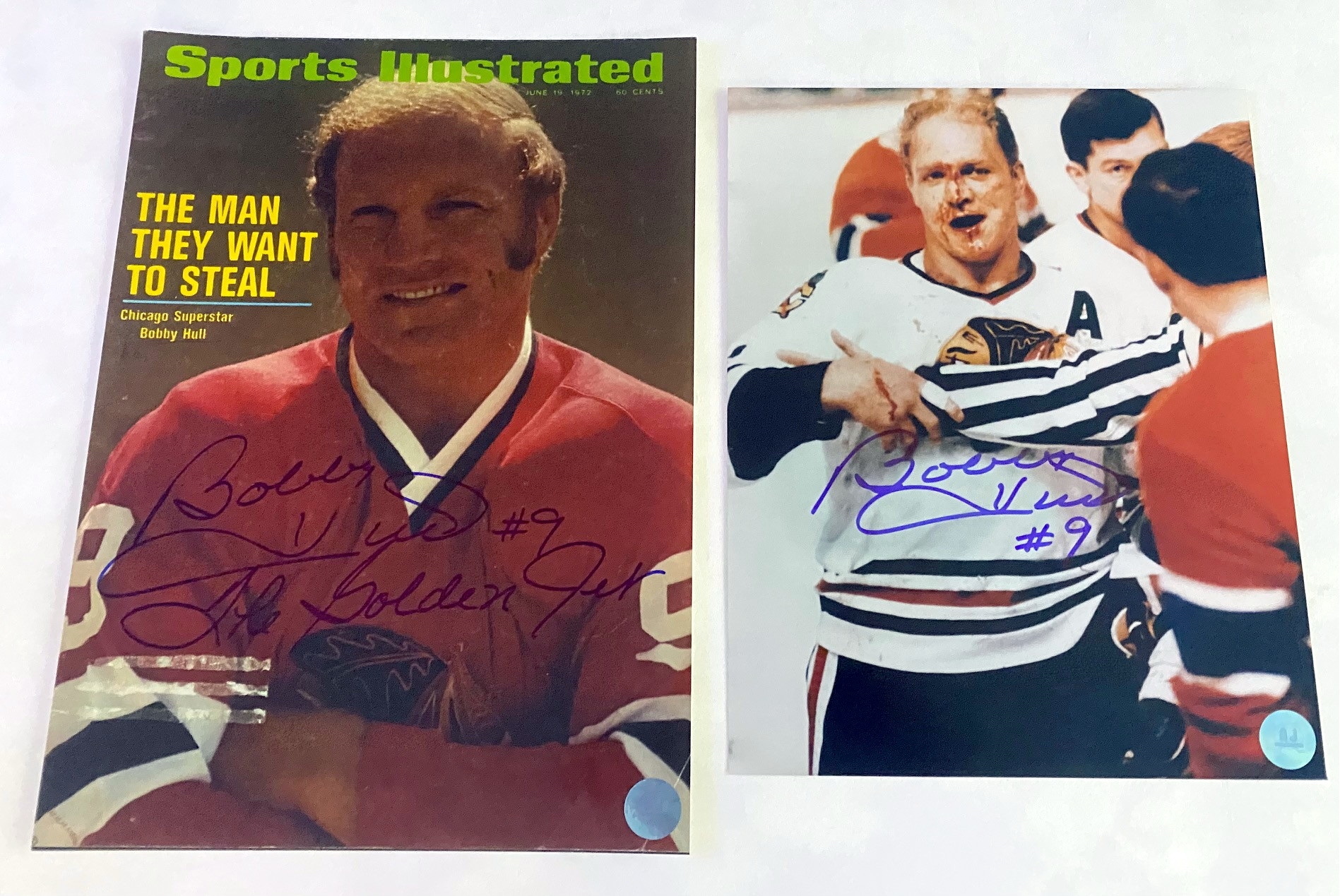 Bobby Hull Chicago Blackhawks Lot of 2 Signed Photos - SI Cover & Bloody Warrior
