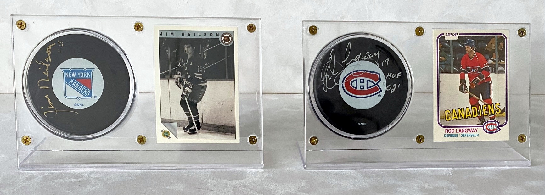 Rod Langway Canadiens & Jim Neilson Rangers Lot of 2 Signed Puck & Card Holders
