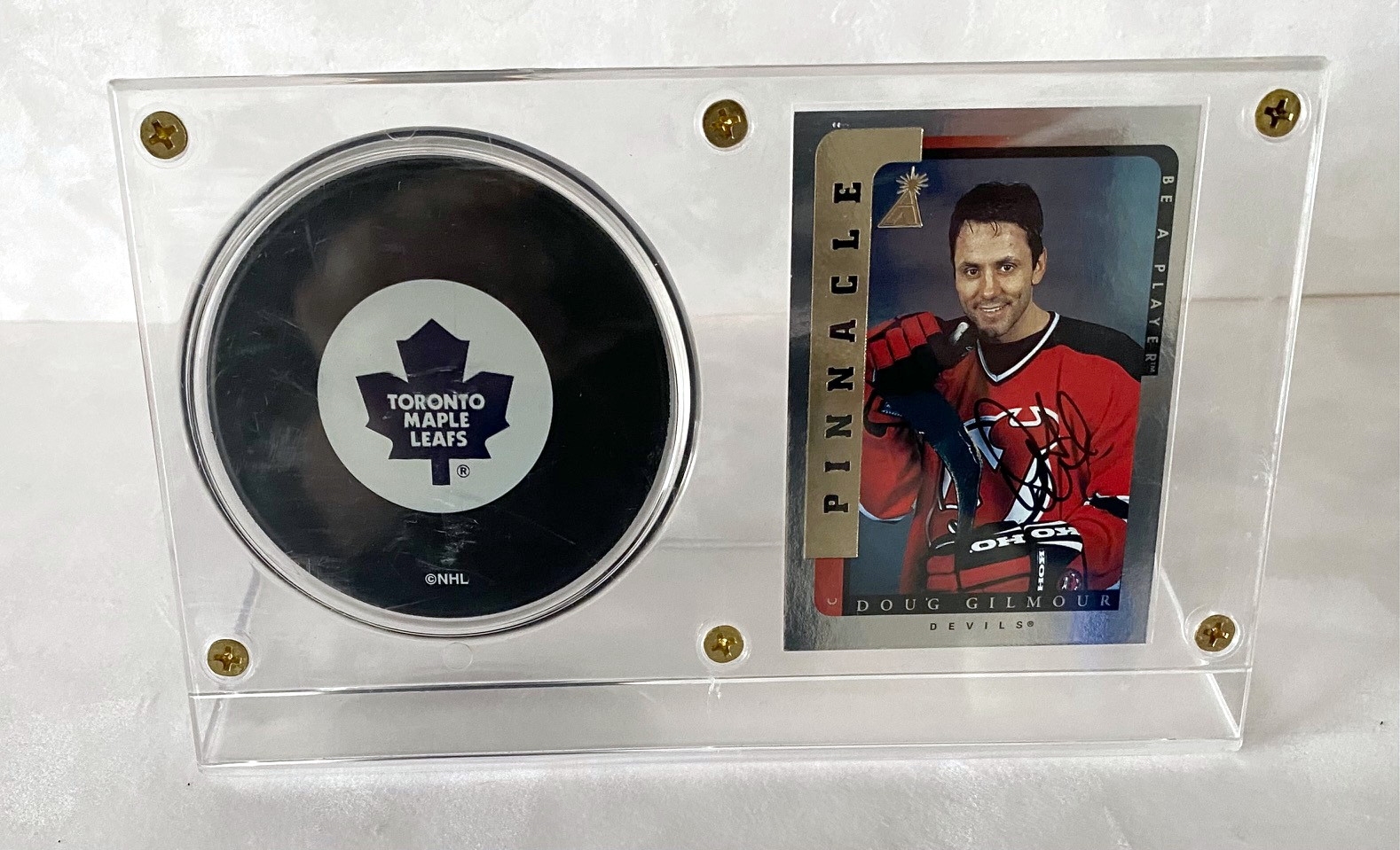 Doug Gilmour Signed New Jersey Devils Puck & Card Holder with Leafs Puck