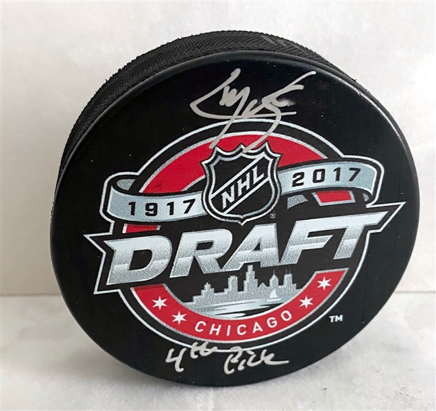 Cale Makar 2017 NHL Draft Day Signed Puck with 4th Pick Note (Flawed)