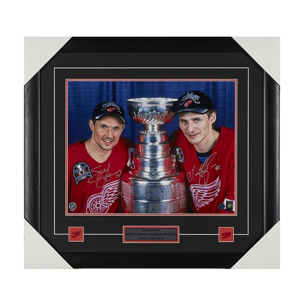 Steve Yzerman & Sergei Fedorov Detroit Red Wings Dual Signed Stanley Cup 29x27 Frame