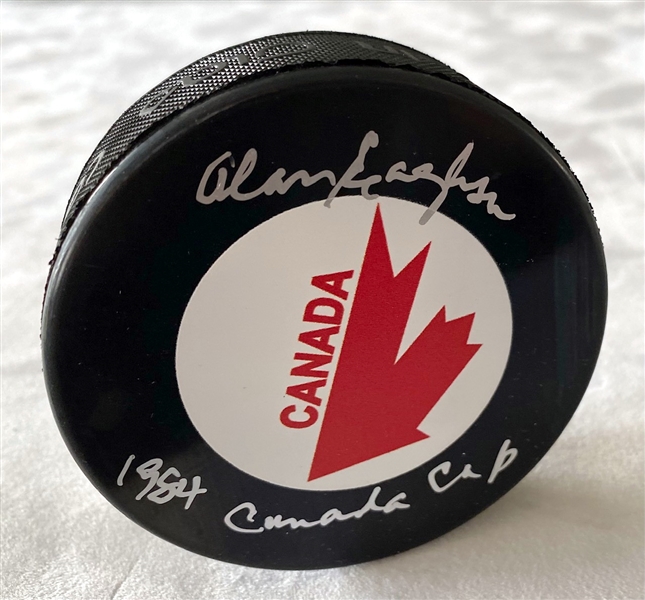 Alan Eagleson Signed Canada Cup Puck with 1984 Canada Cup Note