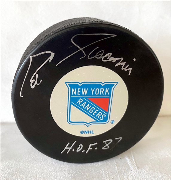 Eddie Giacomin New York Rangers Signed Hockey Puck with HOF 87 Note (Flawed)