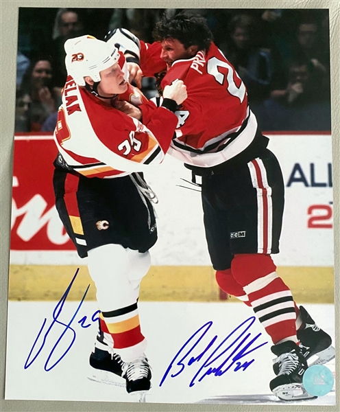 Bob Probert Blackhawks & Wade Belak Flames Dual Signed Enforcer Fight 8x10 Photo