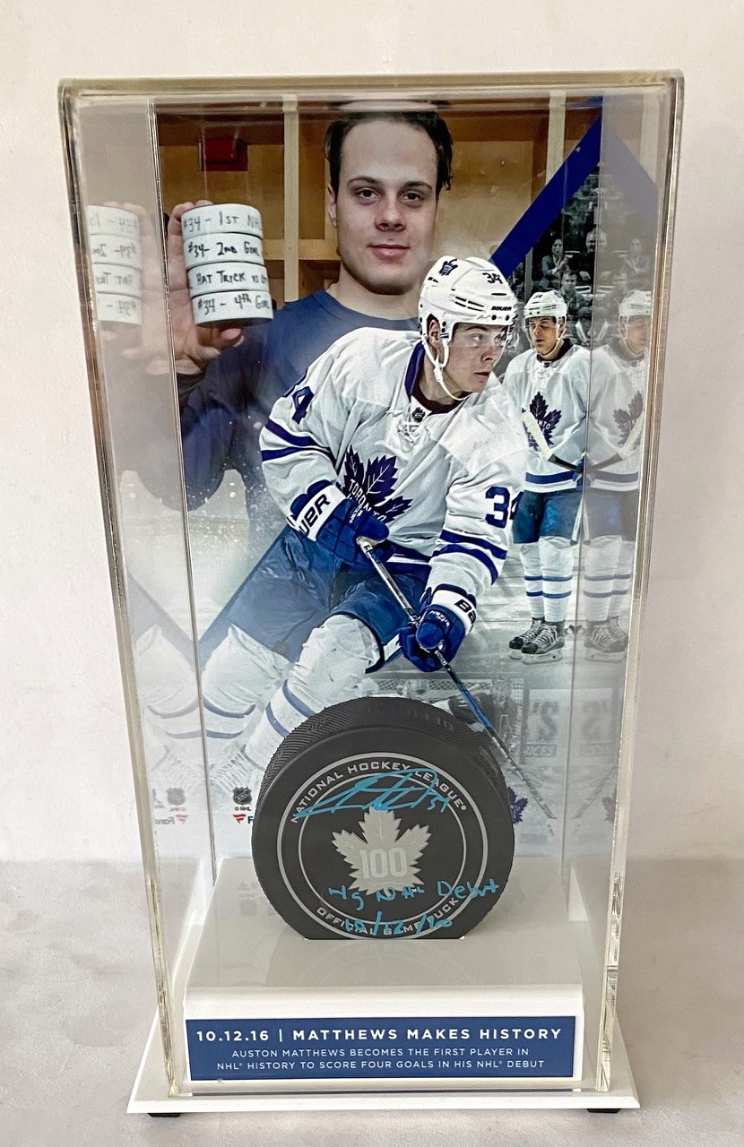Auston Matthews Signed Toronto Maple Leafs 100 Official Game Puck with 4 Goal Debut Note + Fanatics Deluxe Puck Case