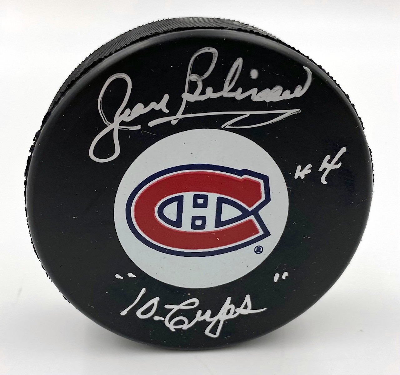 Jean Beliveau Montreal Canadiens Signed Puck with "10 Cups" Note