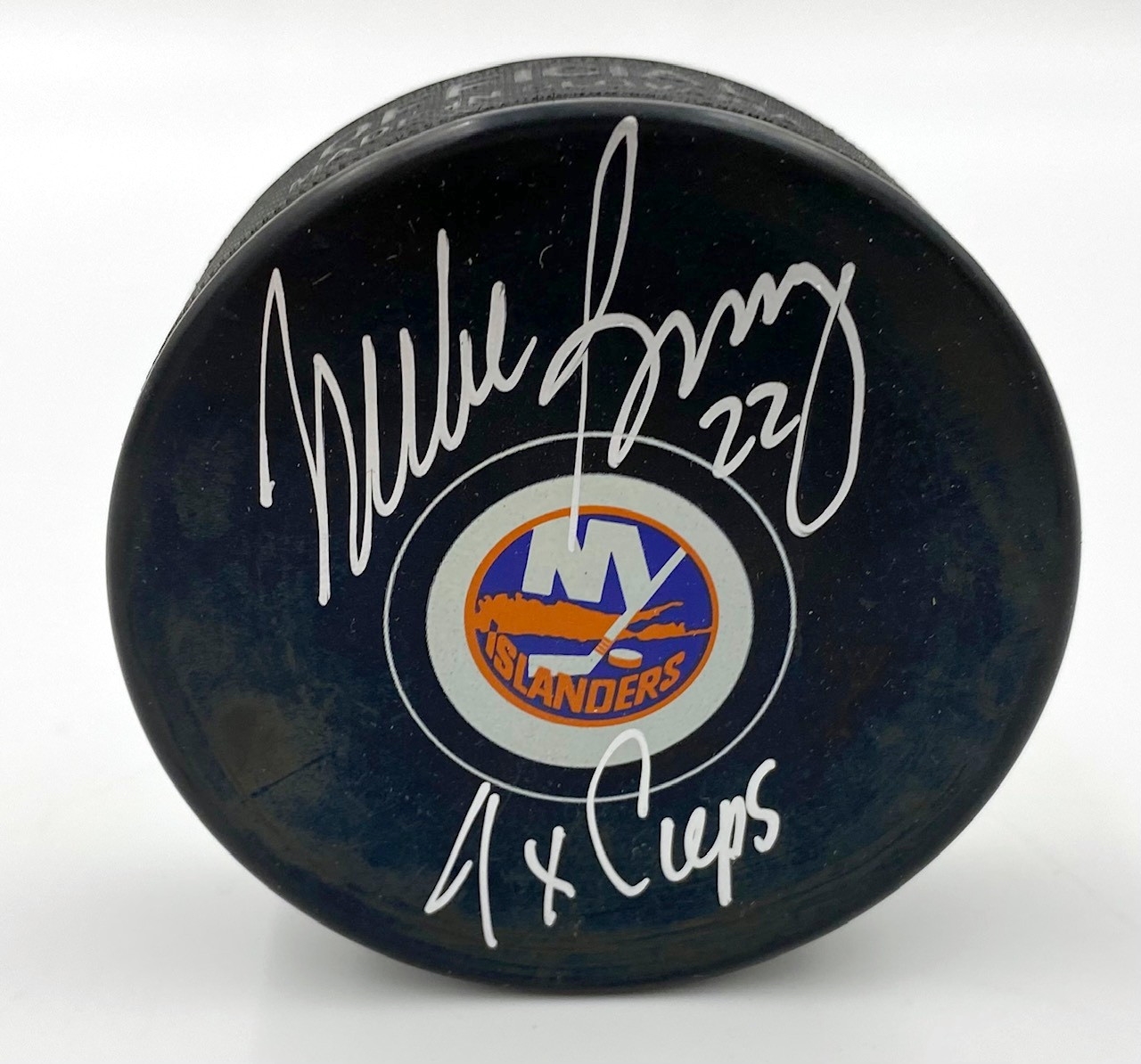 Mike Bossy New York Islanders Signed Puck with 4 x Cups Note