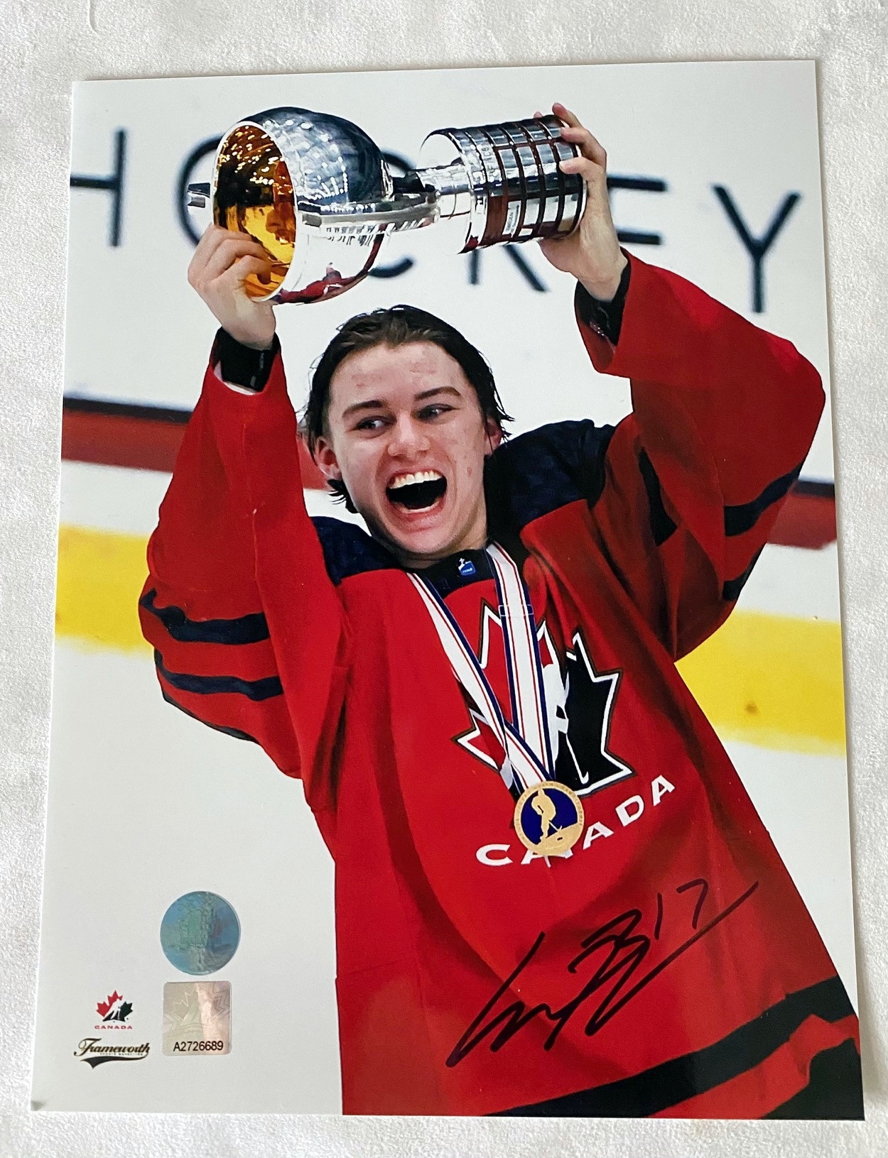 Connor Bedard Team Canada Signed Under 18 Champion 7.5x10 Photo