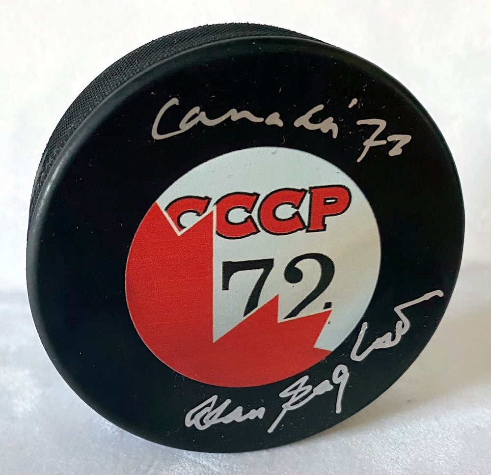 Alan Eagleson Signed 1972 Summit Series Canada CCCP Split Hockey Puck with Canada 72 Note