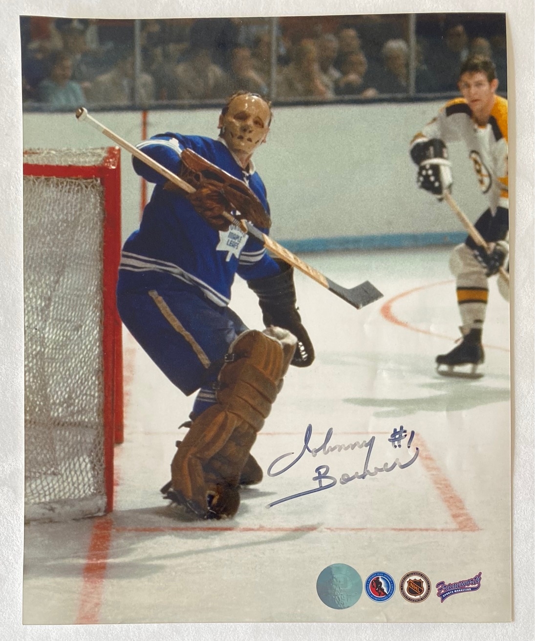 Johnny Bower Toronto Maple Leafs Autographed Goalie Mask 8x10 Photo (Flawed)