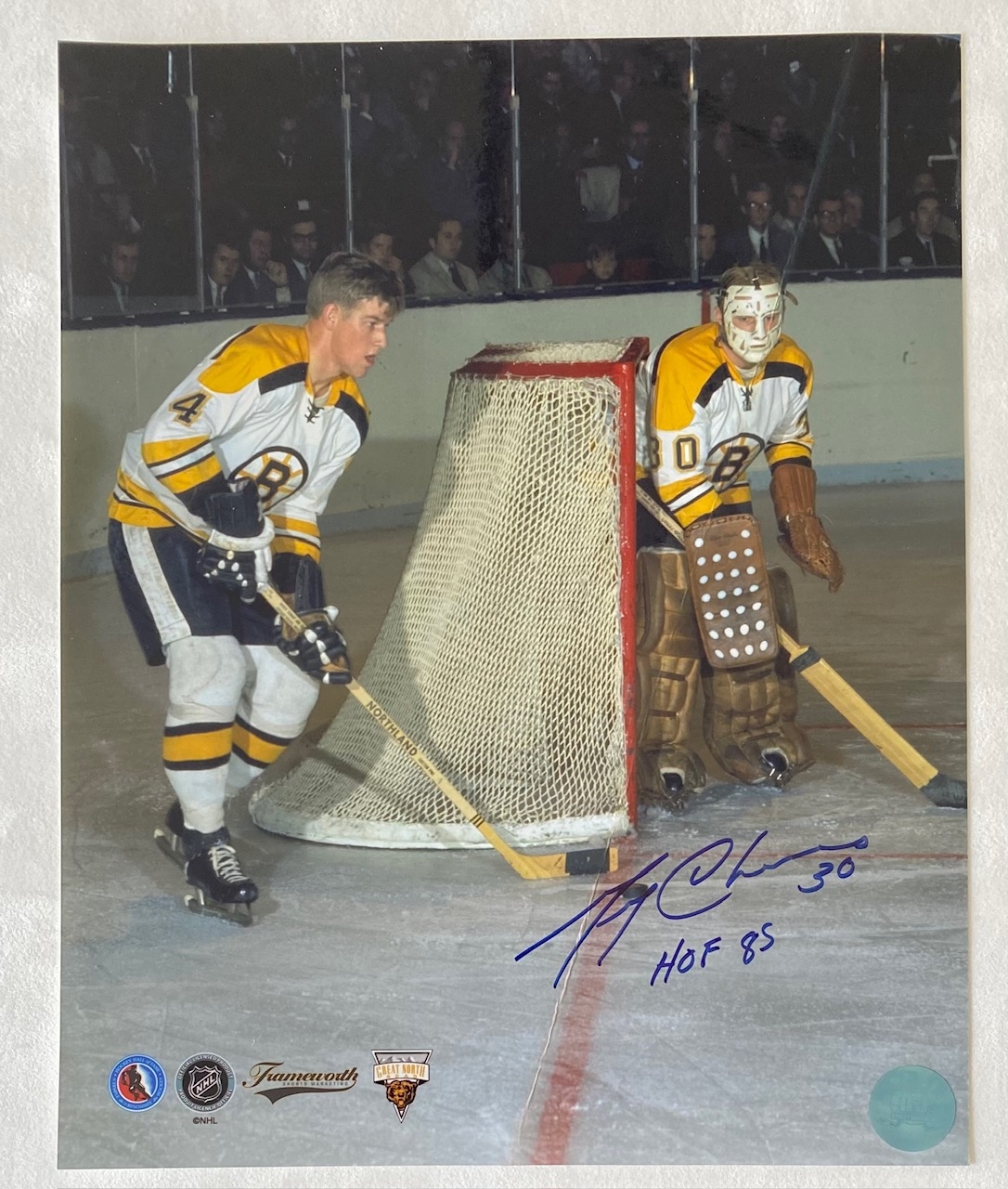 Gerry Cheevers Boston Bruins Signed 8x10 Photo with Bobby Orr Pictured (Flawed)