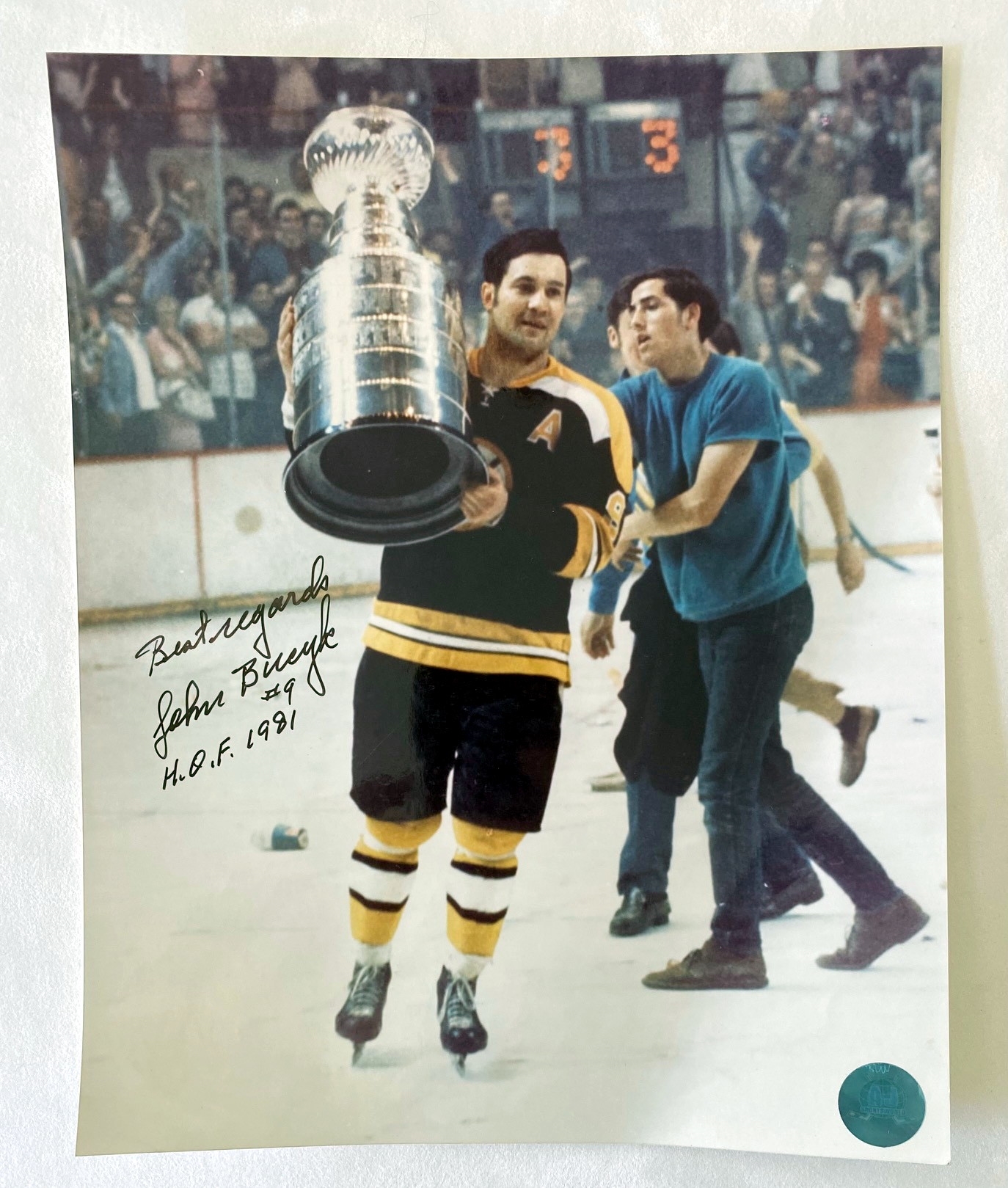 Johnny Bucyk Boston Bruins Signed Stanley Cup Celebration 8x10 Photo with HOF Note (Flawed)