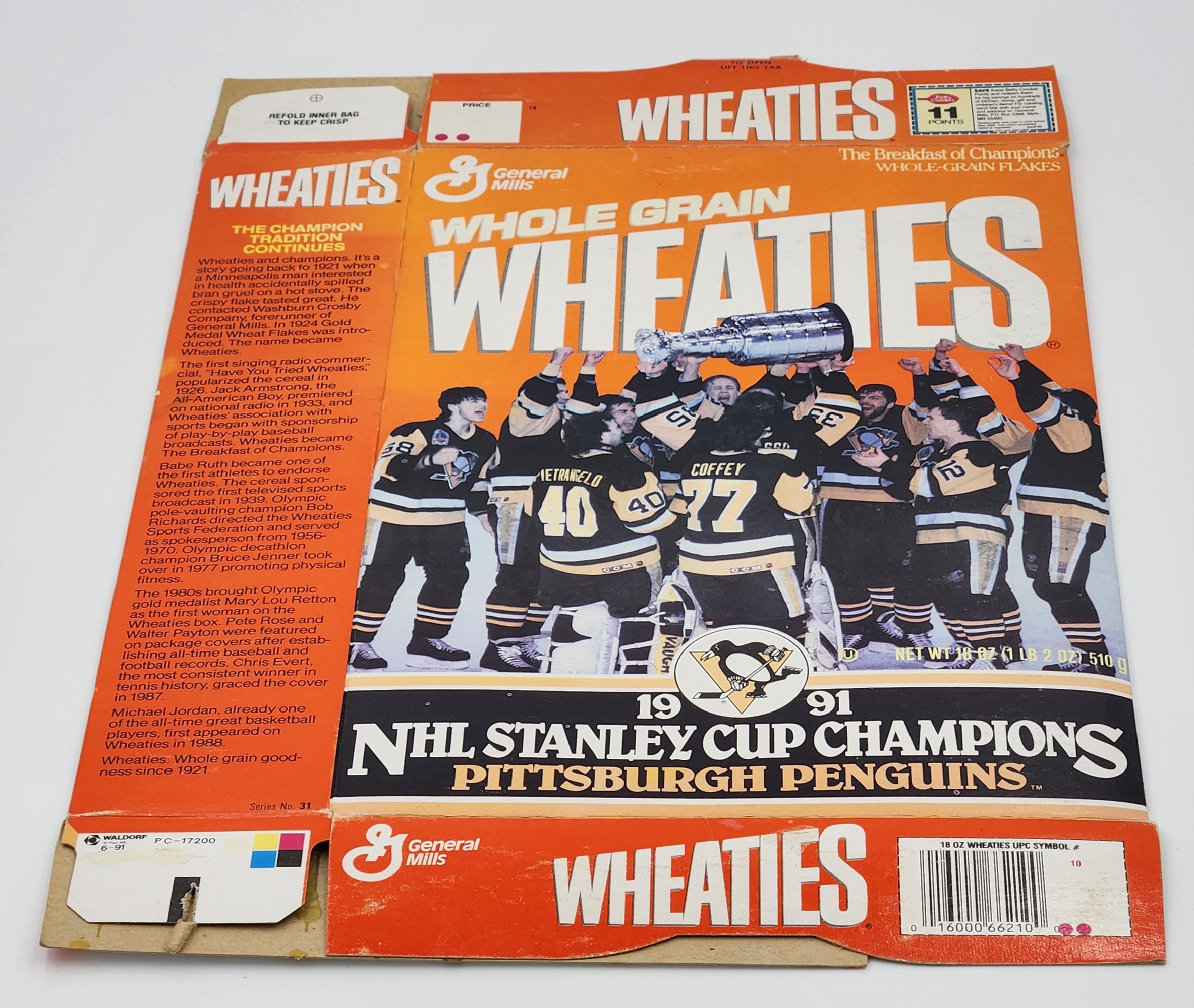 1991 Stanley Cup Champions Pittsburgh Penguins Empty Wheaties Display Box 