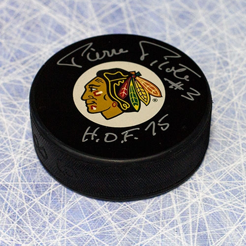 Pierre Pilote Chicago Blackhawks Autographed Hockey Puck with HOF Note