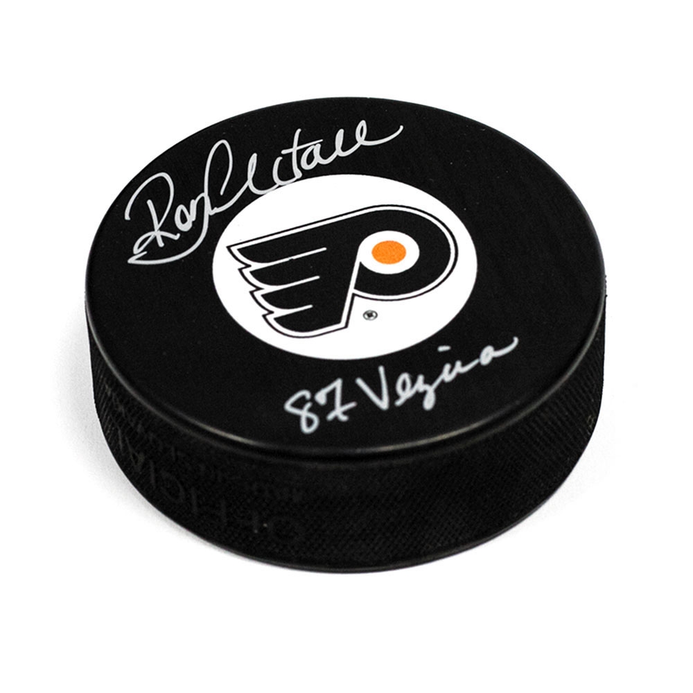 Ron Hextall Philadelphia Flyers Autographed Hockey Puck with 87 Vezina Note