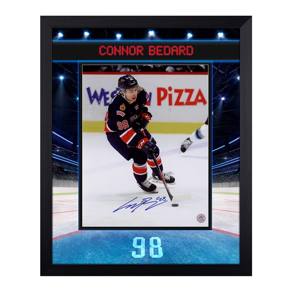 Connor Bedard Signed Regina Pats Uniform Graphic 19x23 Frame #/98