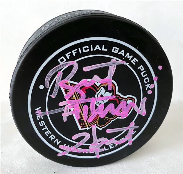 Bret Hitman Hart Autographed Calgary Hitmen CHL Game Hockey Puck (Flawed)