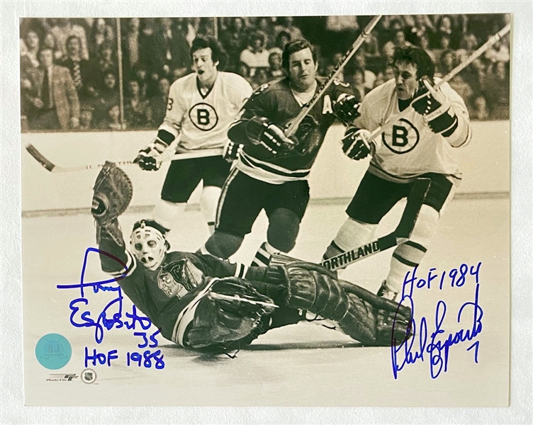 Tony & Phil Esposito Blackhawks vs Bruins Dual Signed 8x10 Photo with HOF Notes