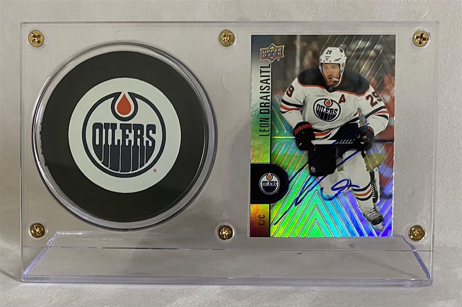 Leon Draisaitl Signed Edmonton Oilers Puck & Card Holder