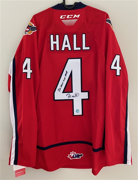 Taylor Hall Windsor Spitfires Signed CHL Hockey Jersey with 2 x Mem Cup MVP Note (Flawed)