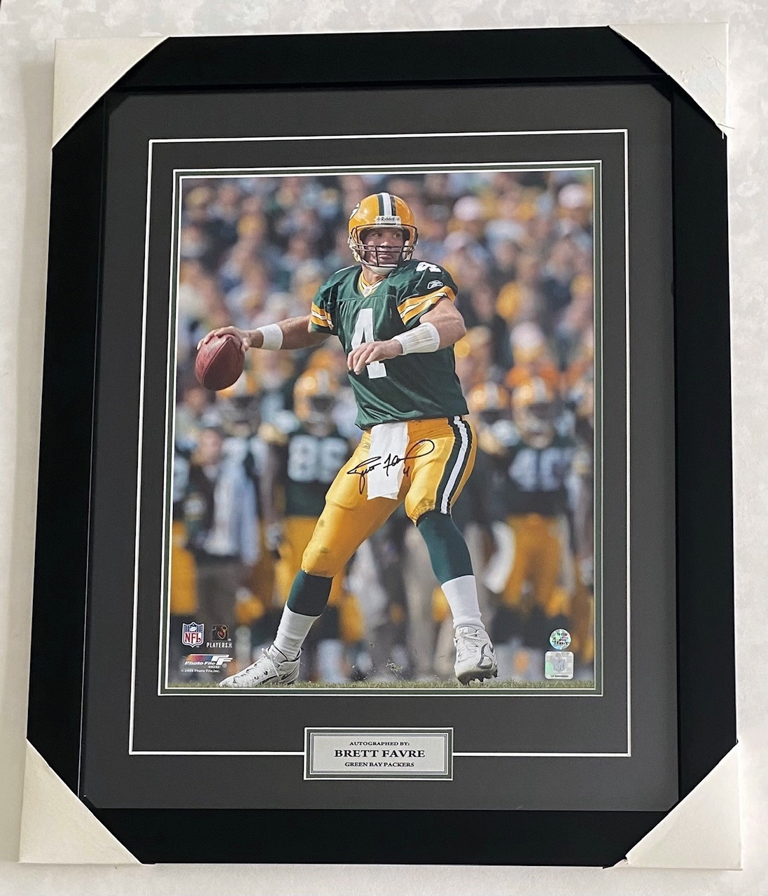 Brett Favre Signed Packers 34 x 42 Custom Framed Jersey (Favre Hologram)