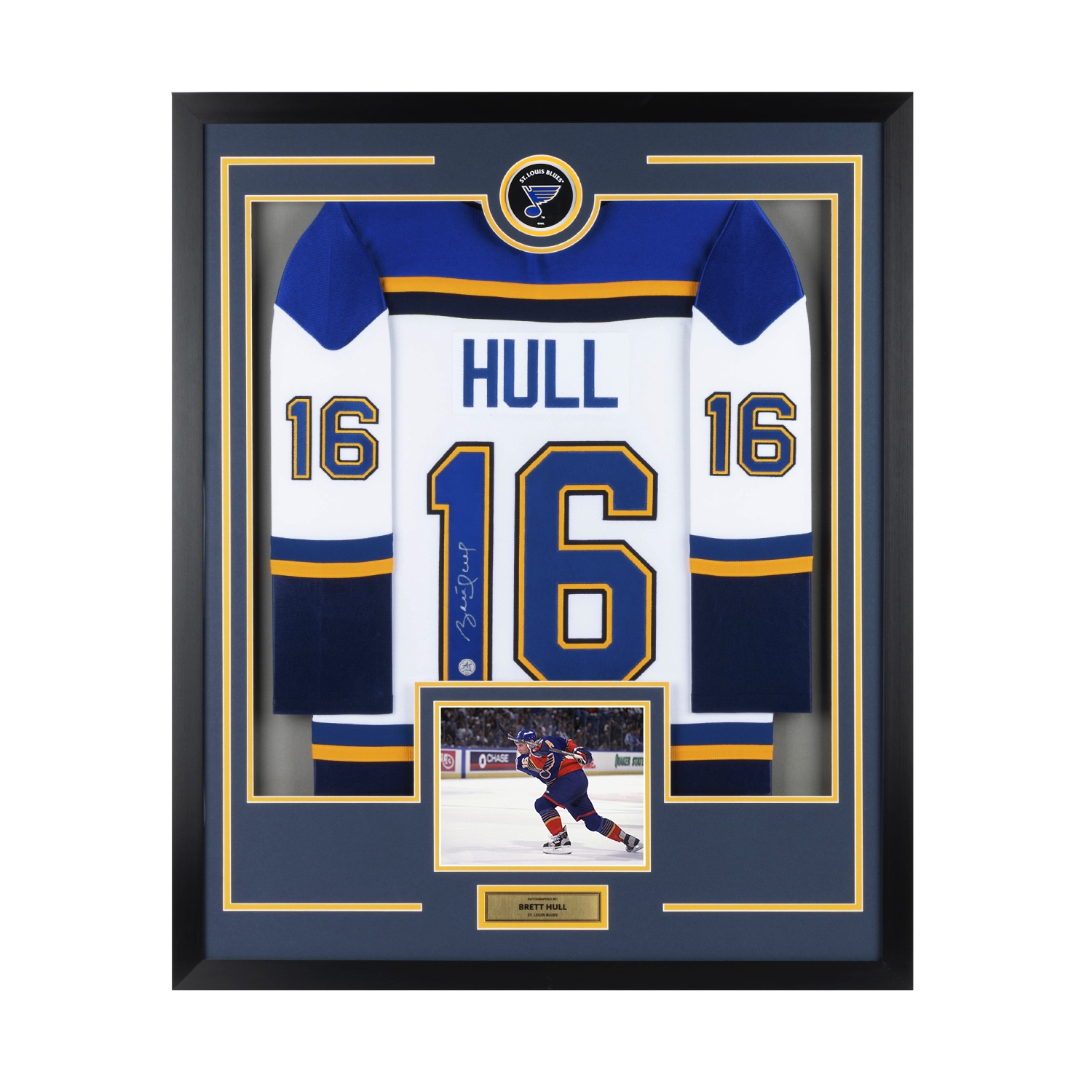 Brett Hull Autographed St Louis Blues Puck Logo 36x44 Jersey Frame