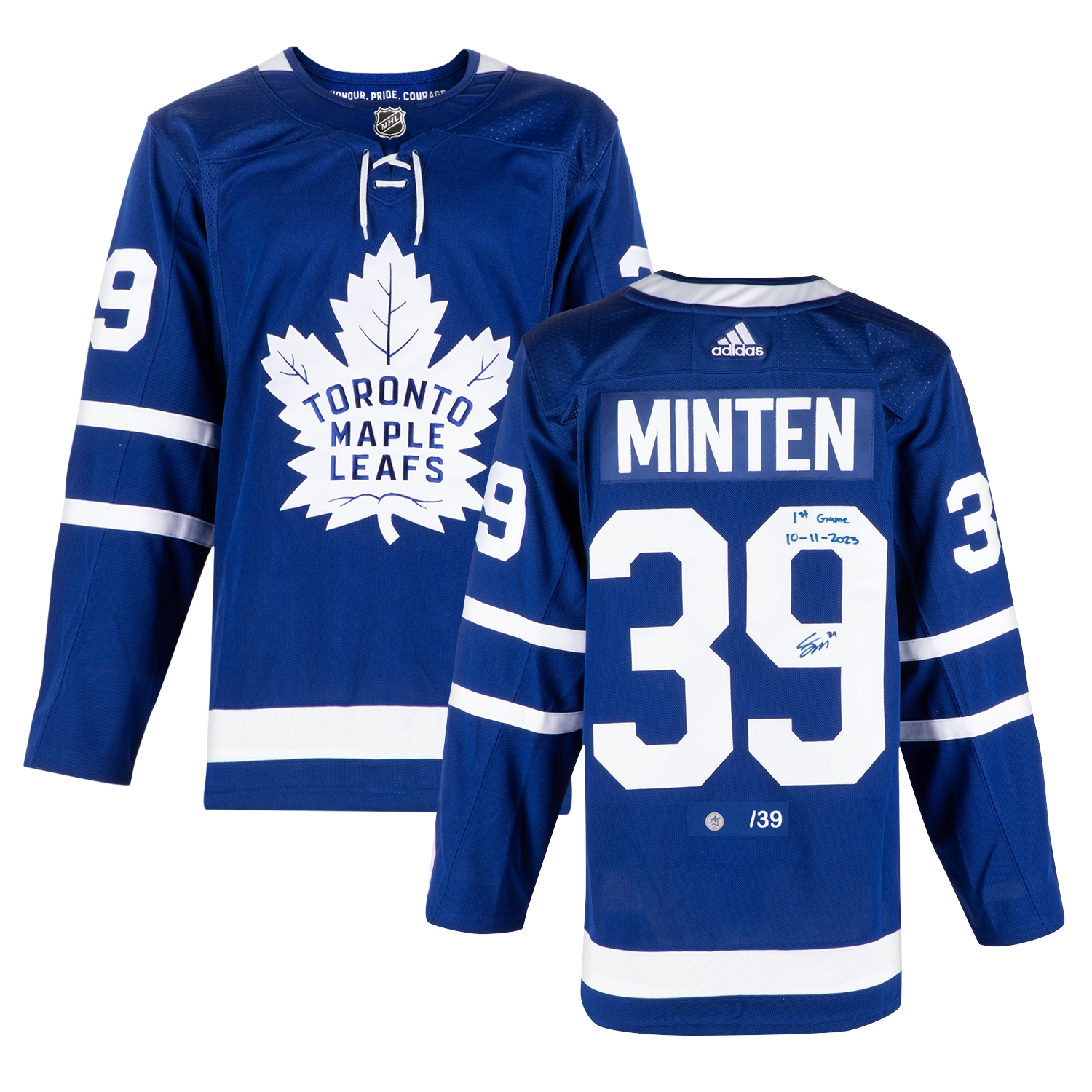 Fraser Minten Toronto Maple Leafs Signed & Dated 1st Game adidas Jersey #/39